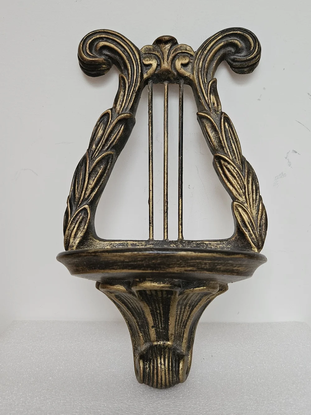 Vintage Chalkware Lyre Harp Shaped Wall Shelf~Bronze Tone 12